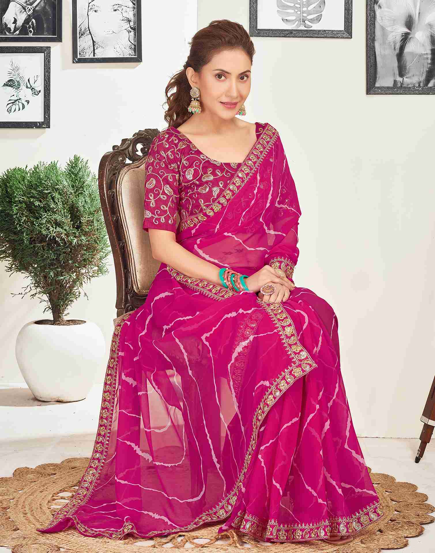 Rani Pink Georgette Embroidery Printed Saree