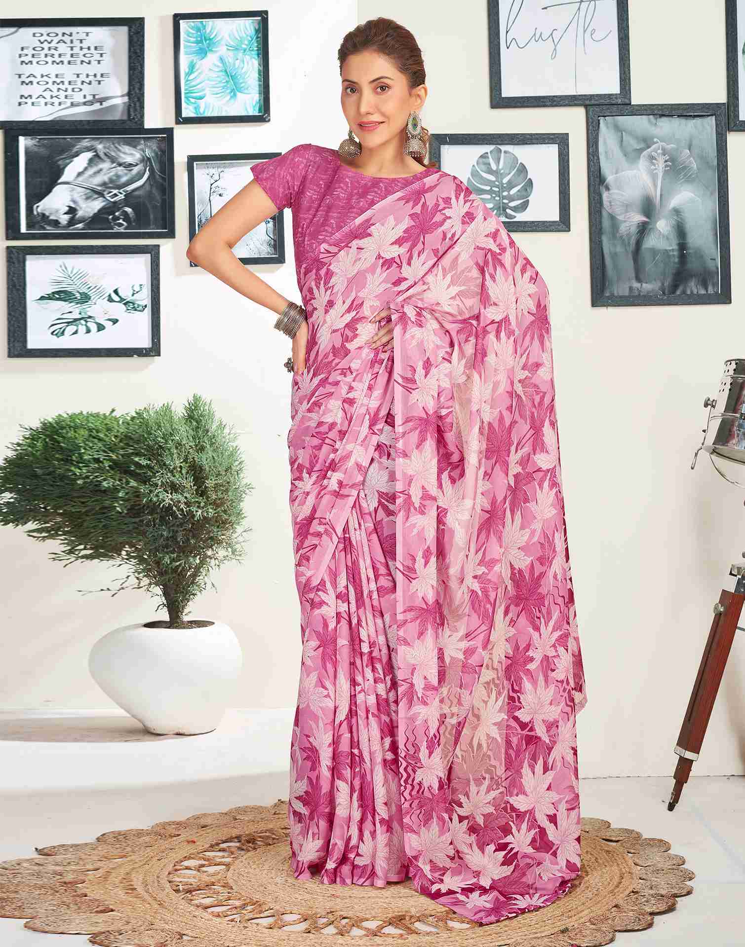 Dark Magenta Georgette Printed Saree