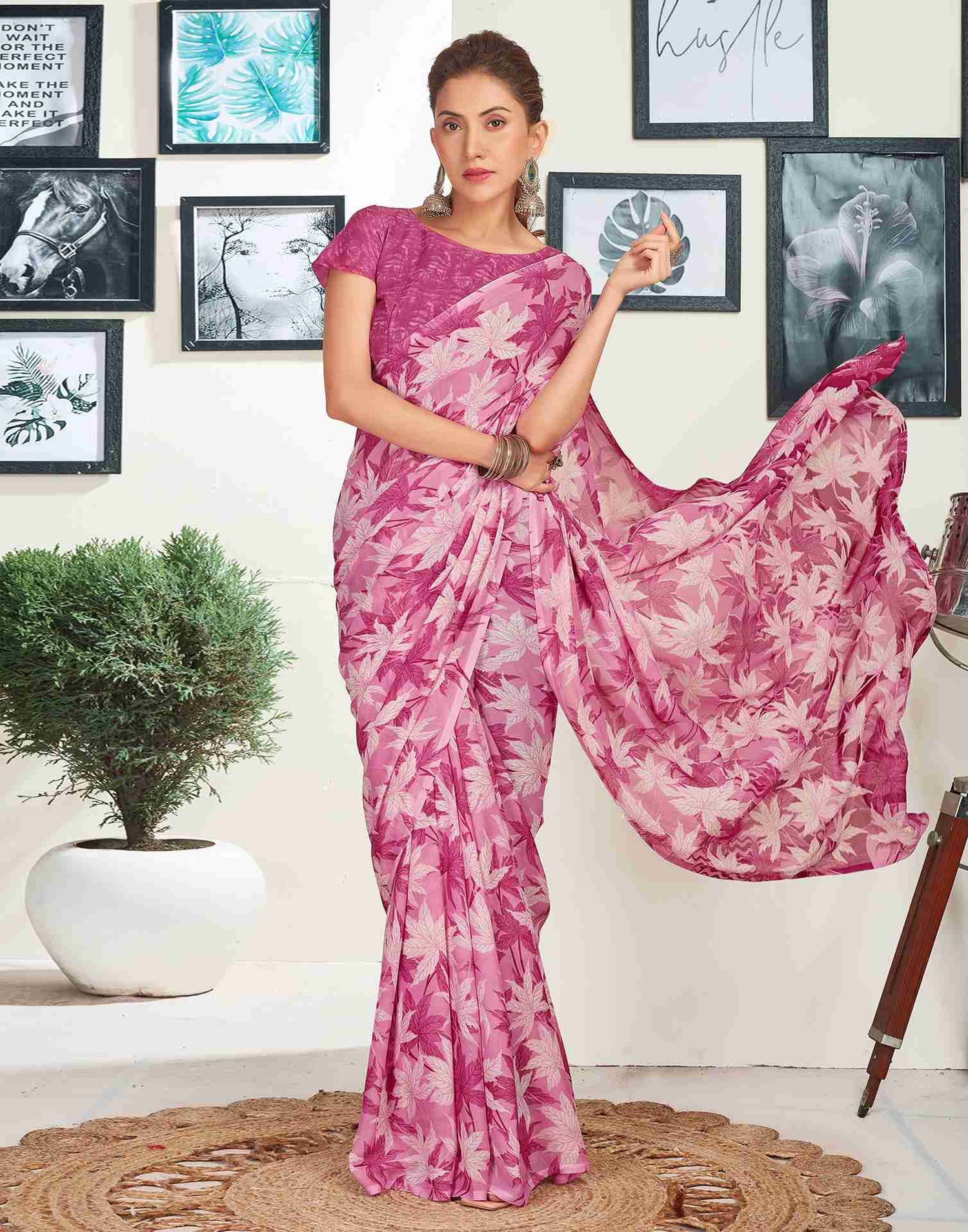 Dark Magenta Georgette Printed Saree