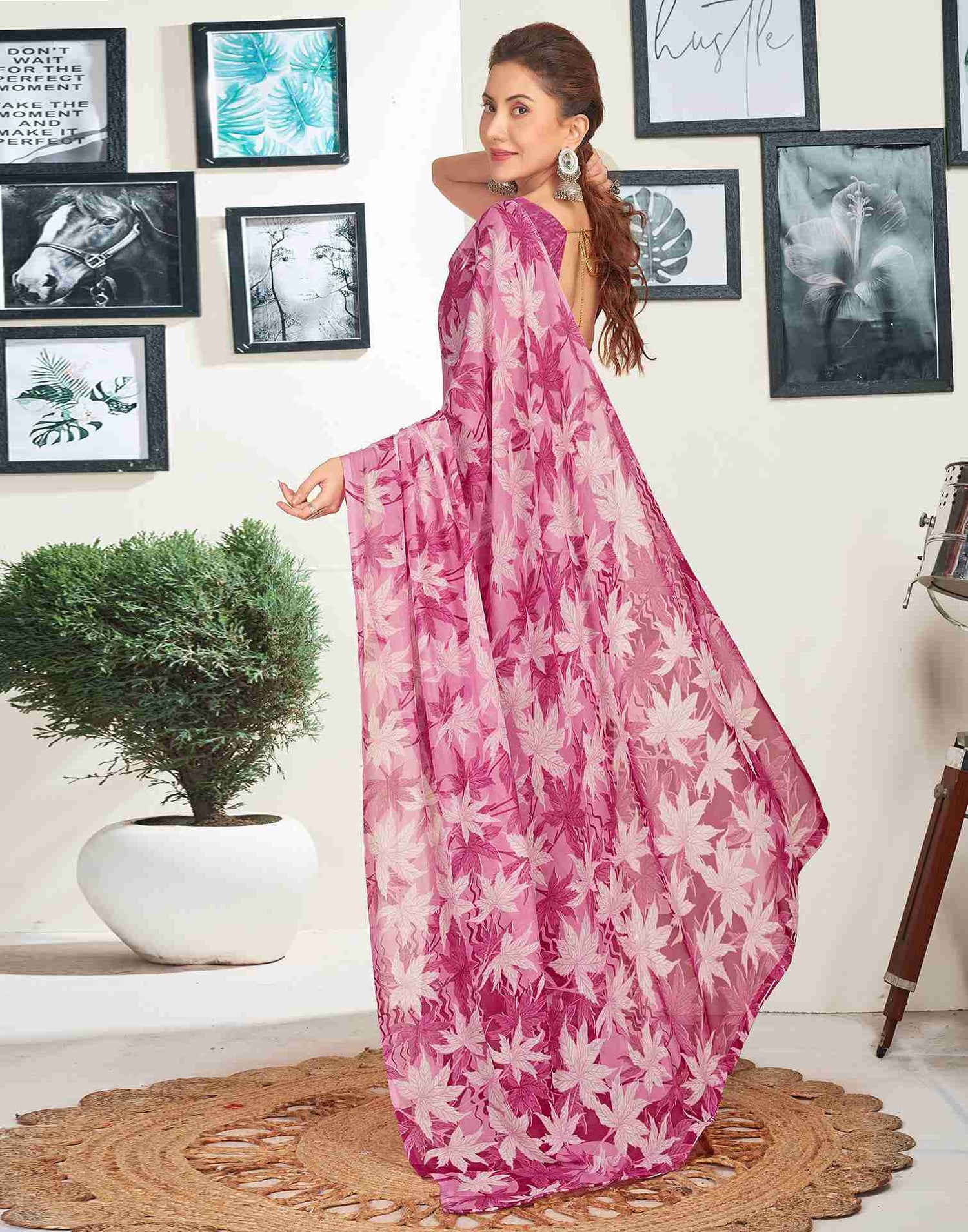 Dark Magenta Georgette Printed Saree