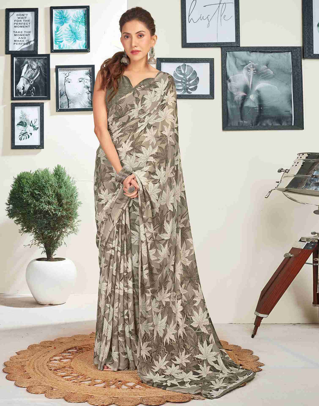 Khaki Georgette Printed Saree