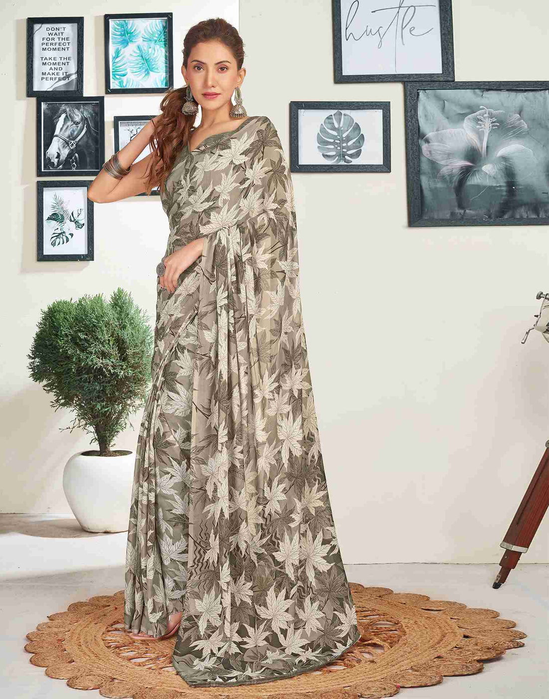 Khaki Georgette Printed Saree