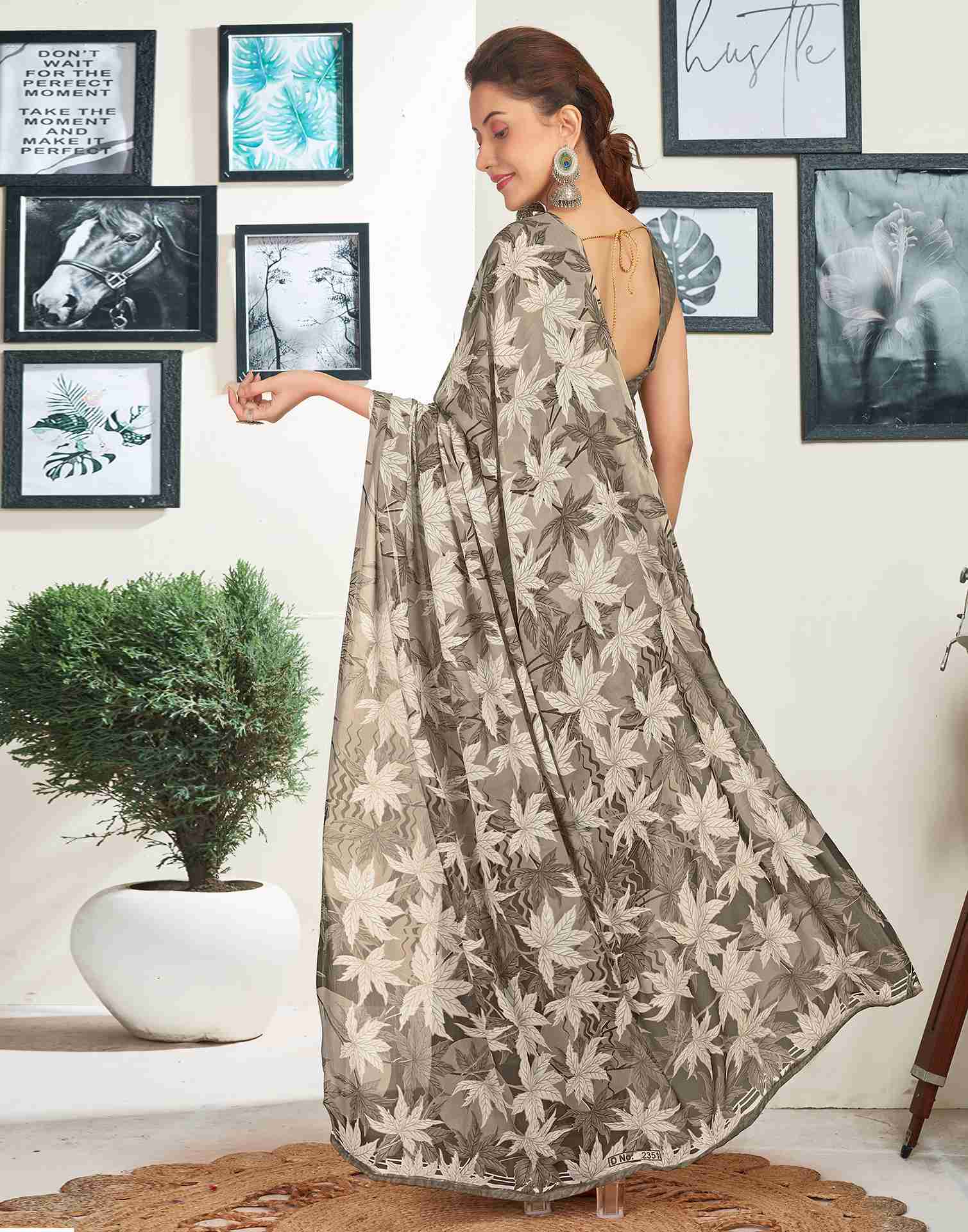 Khaki Georgette Printed Saree