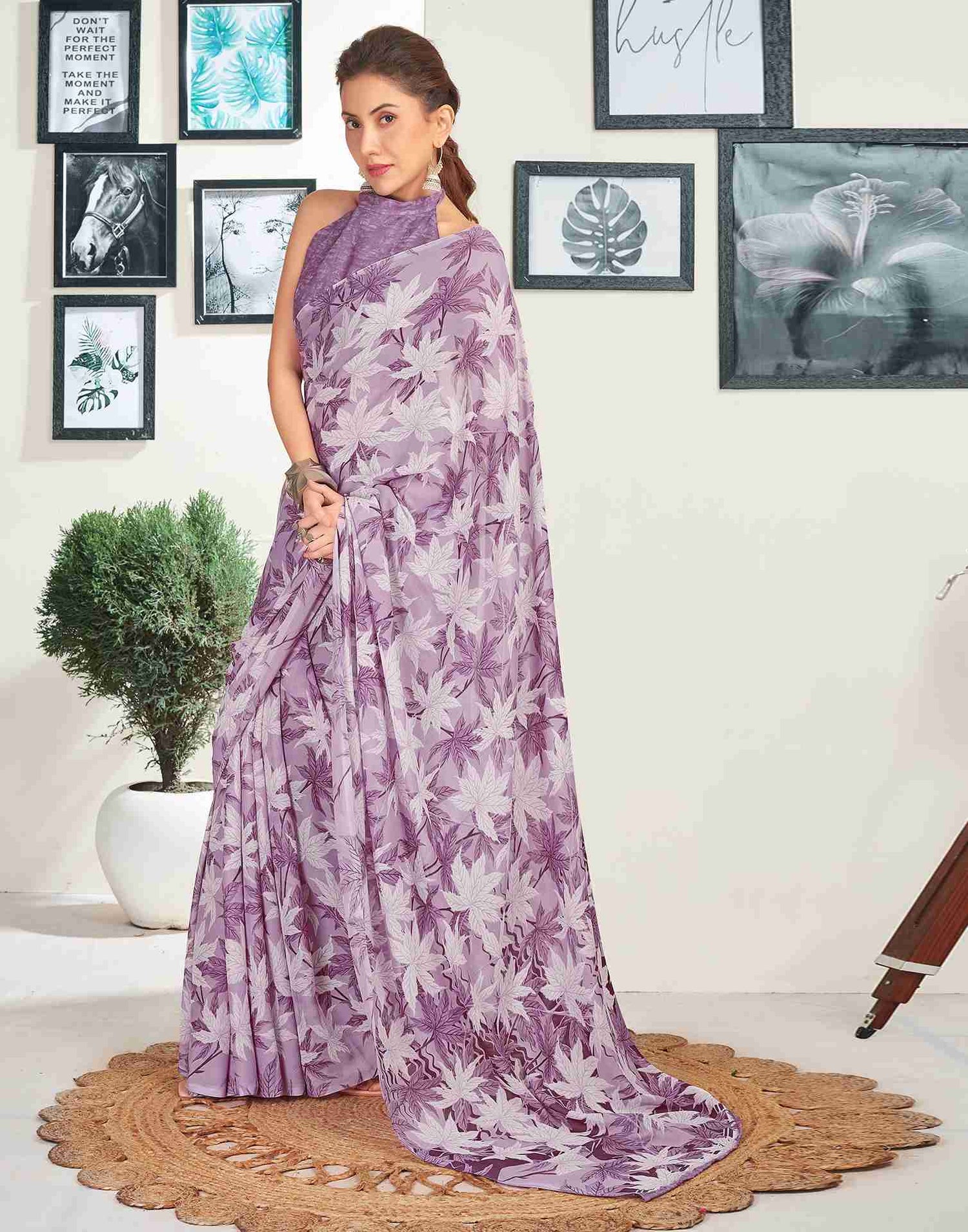 Dark Purple Georgette Printed Saree