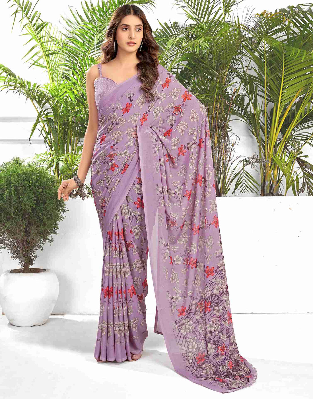 Dusty Purple Georgette Printed Saree