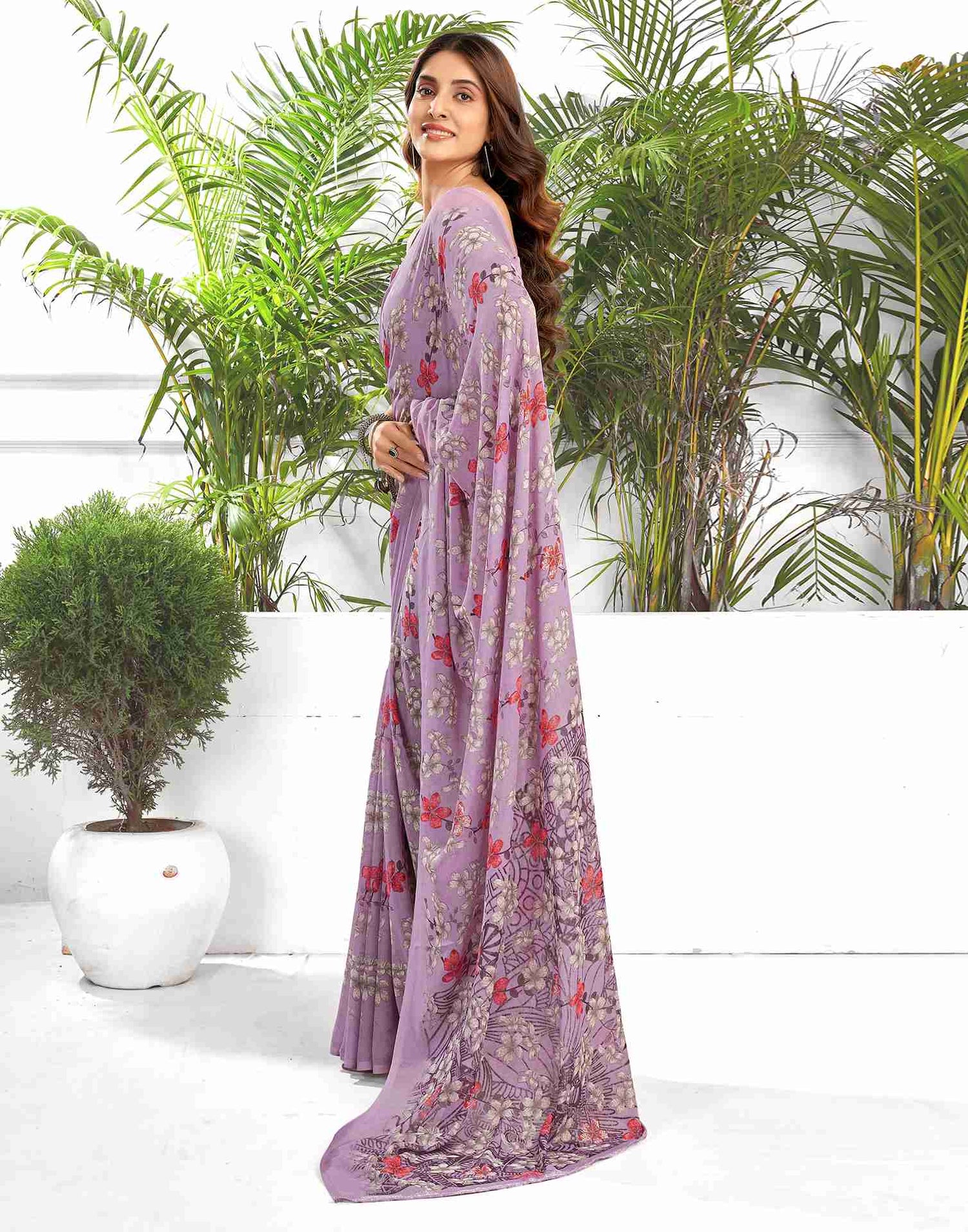 Dusty Purple Georgette Printed Saree