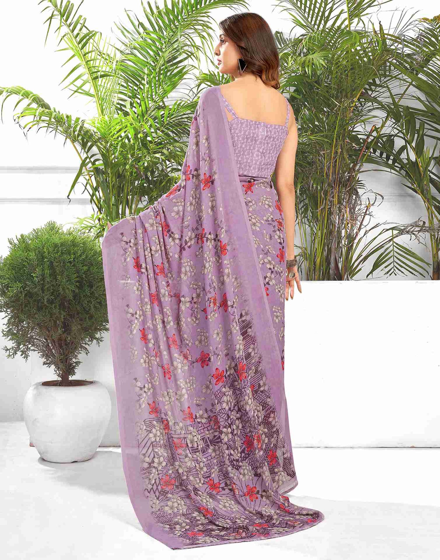 Dusty Purple Georgette Printed Saree