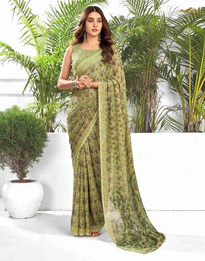 Olive Green Georgette Printed Saree