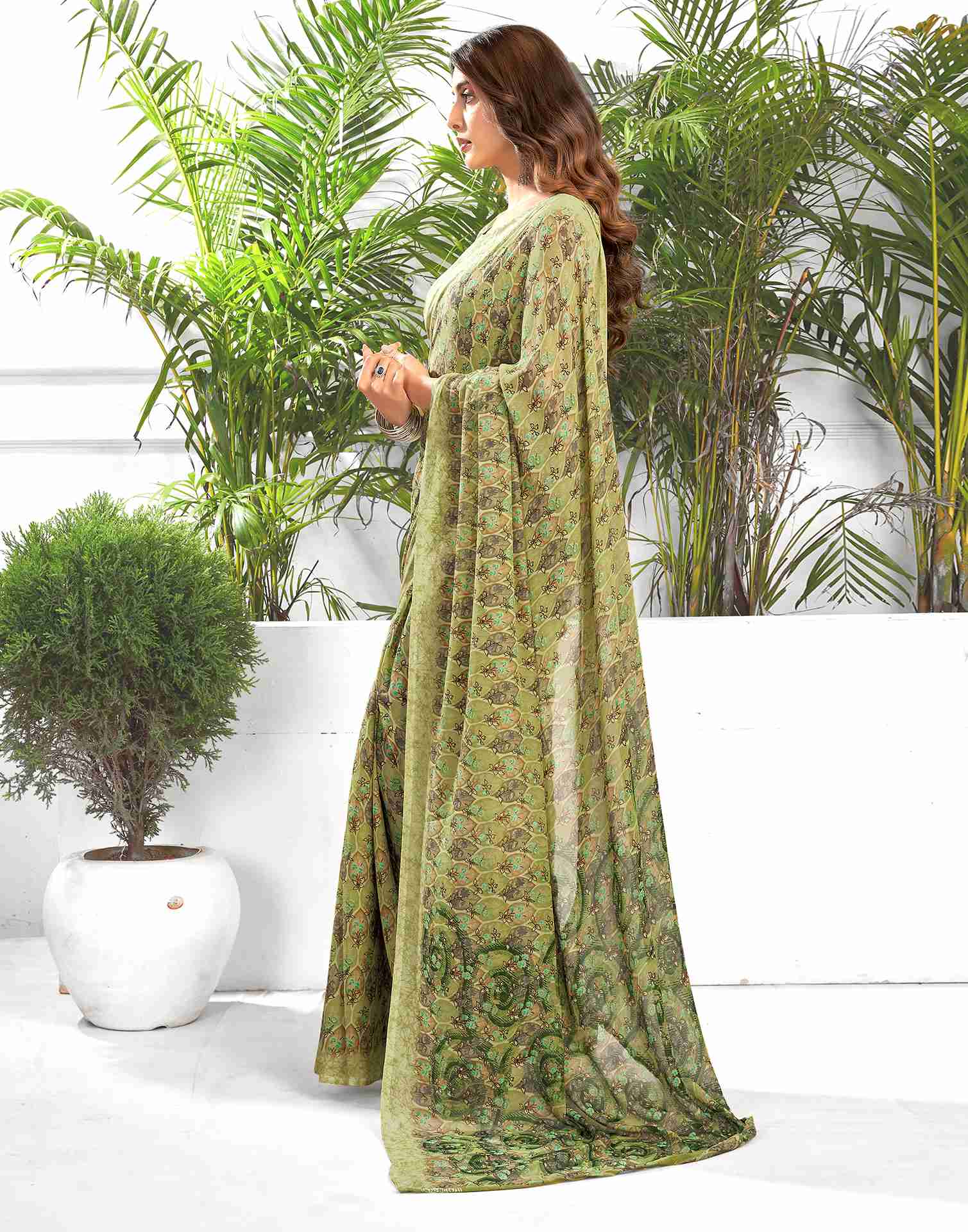 Olive Green Georgette Printed Saree