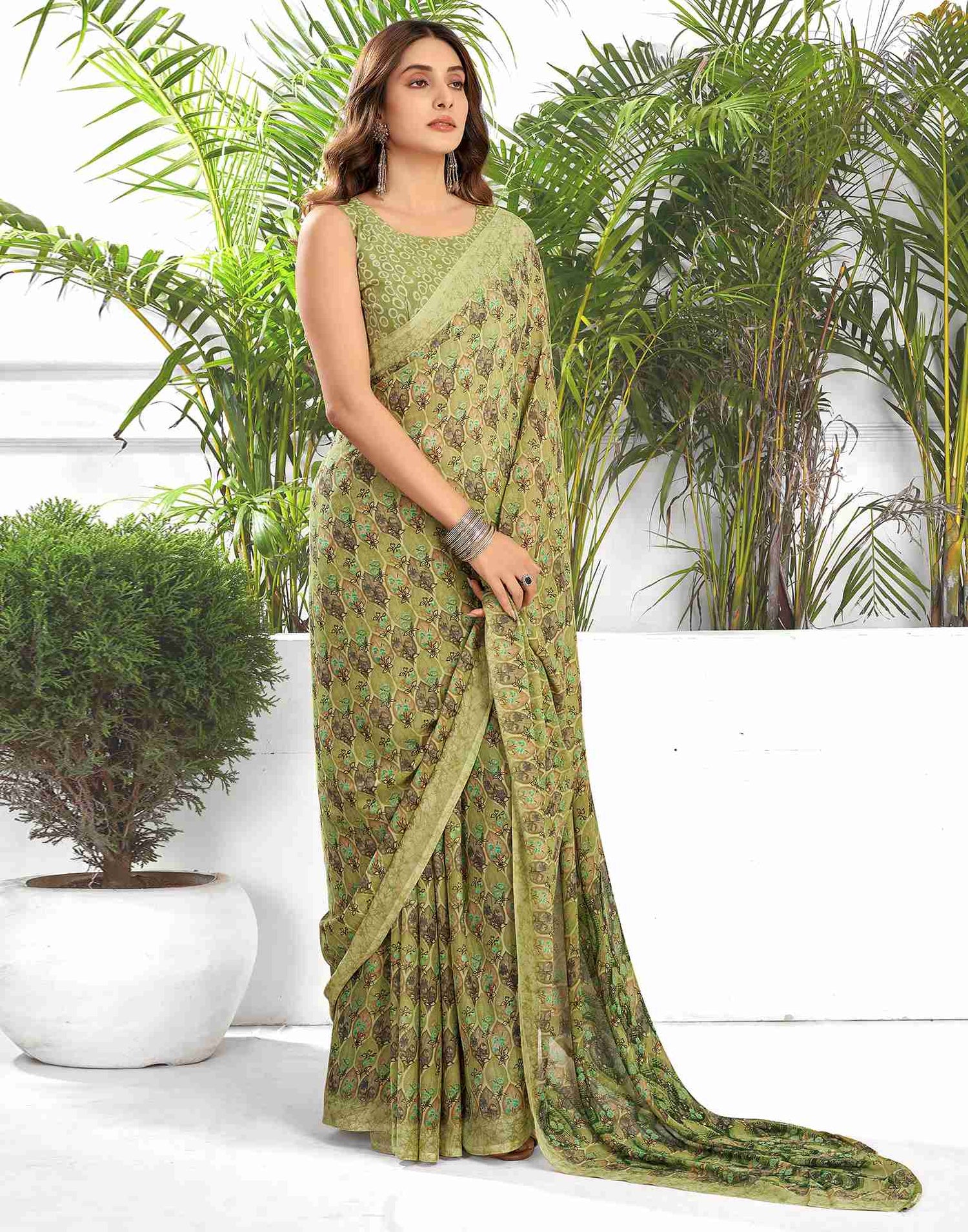 Olive Green Georgette Printed Saree