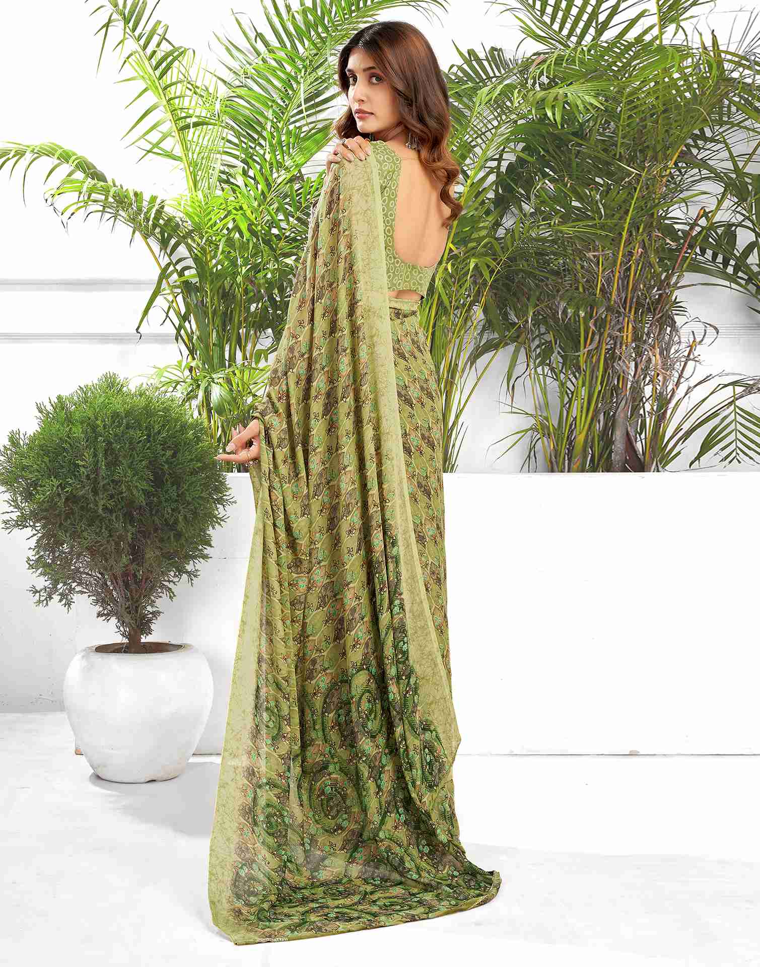 Olive Green Georgette Printed Saree