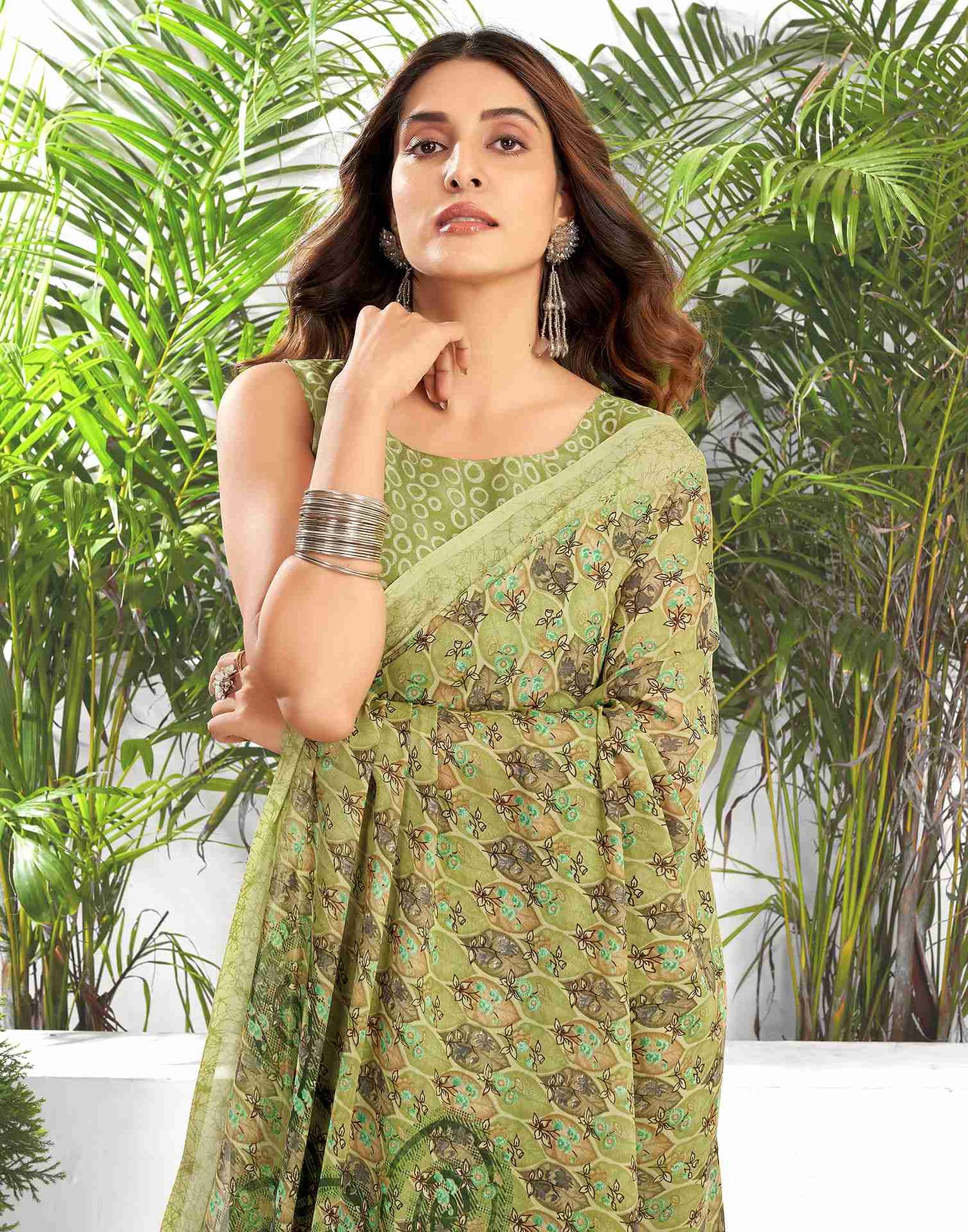 Olive Green Georgette Printed Saree