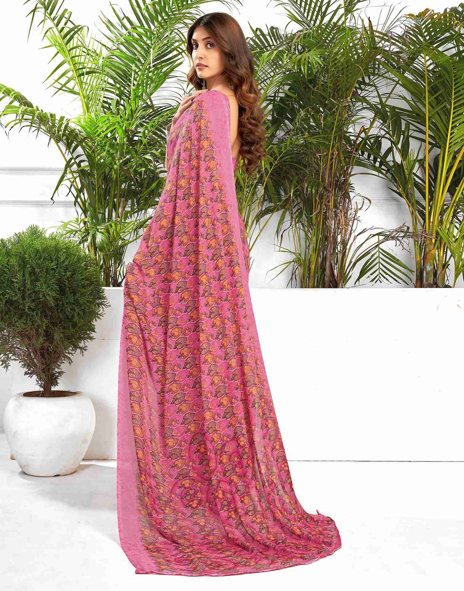 Pink Georgette Printed Saree