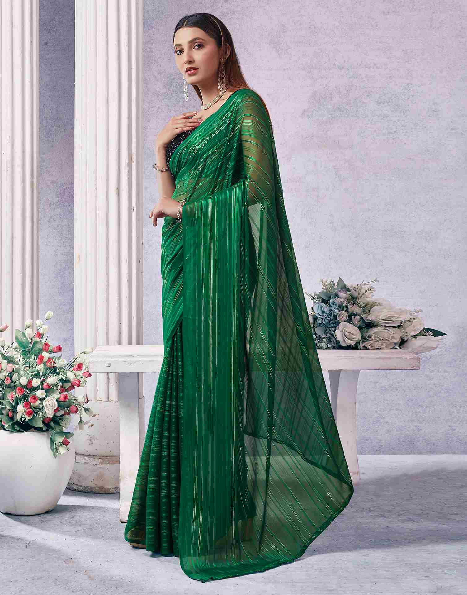 Green Georgette Plain Saree