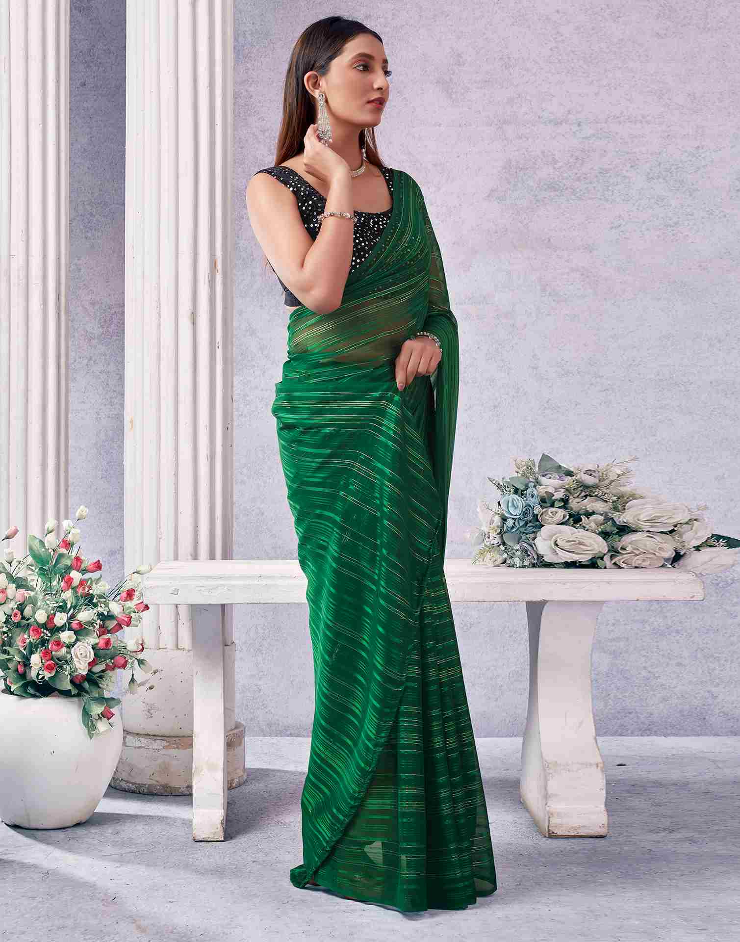 Green Georgette Plain Saree