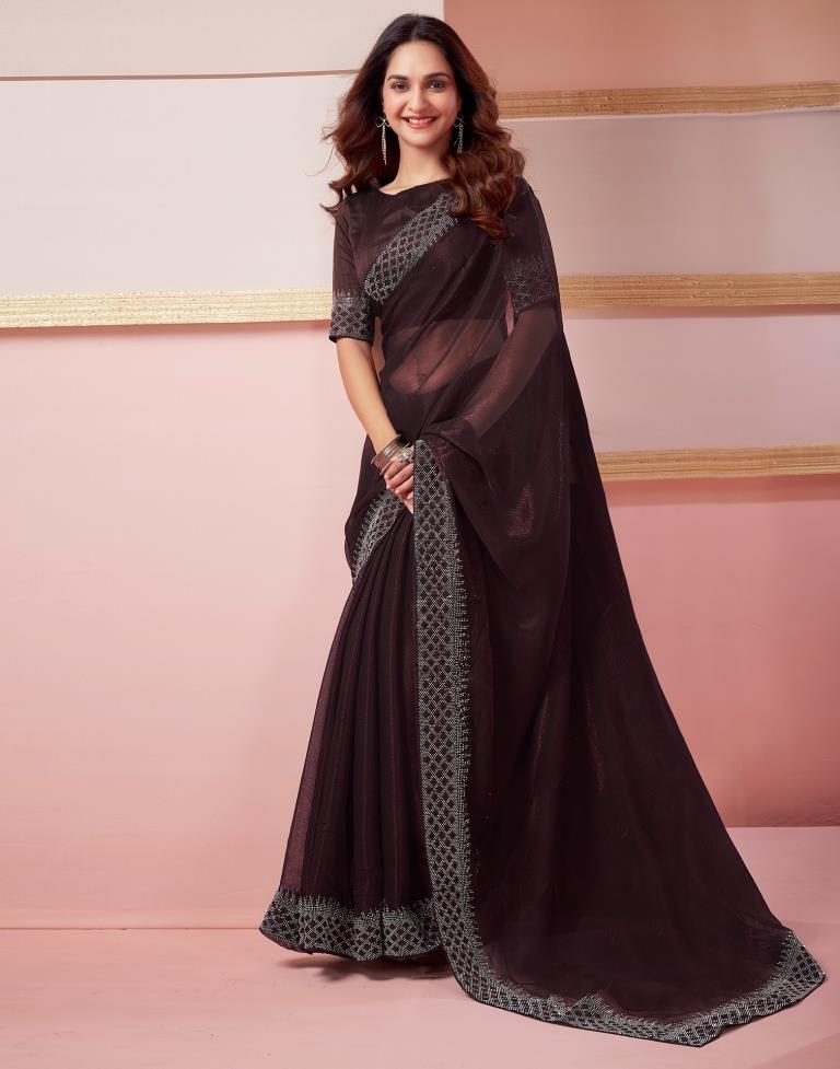 Brown Chiffon Plain Saree