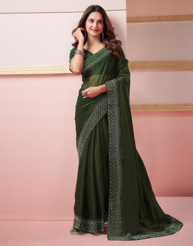 Mehandi Green Chiffon Plain Saree