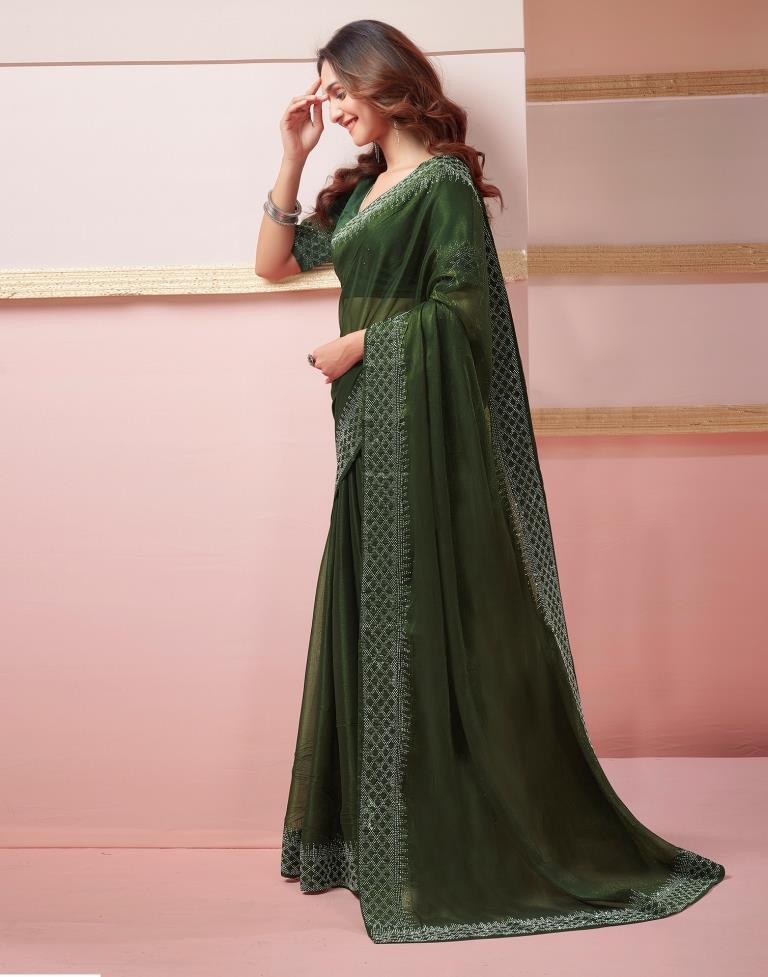 Mehandi Green Chiffon Plain Saree