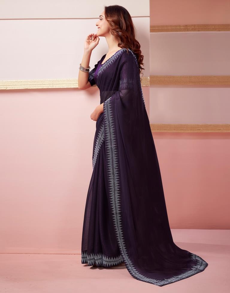 Deep Purple Chiffon Plain Saree