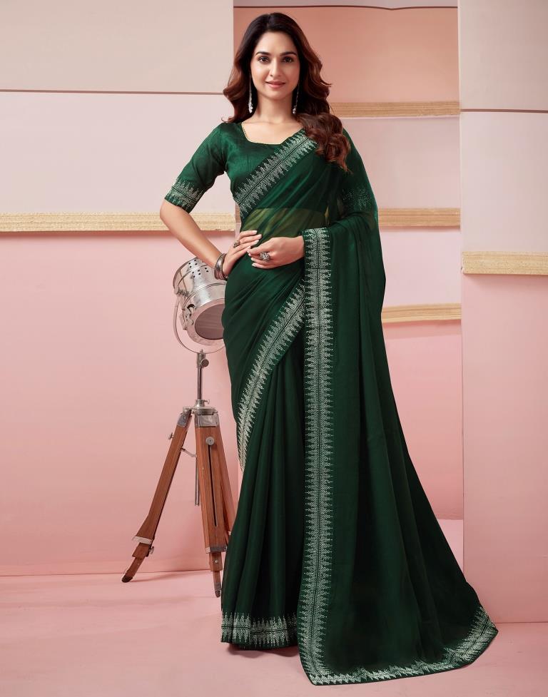 Dark Green Chiffon Plain Saree