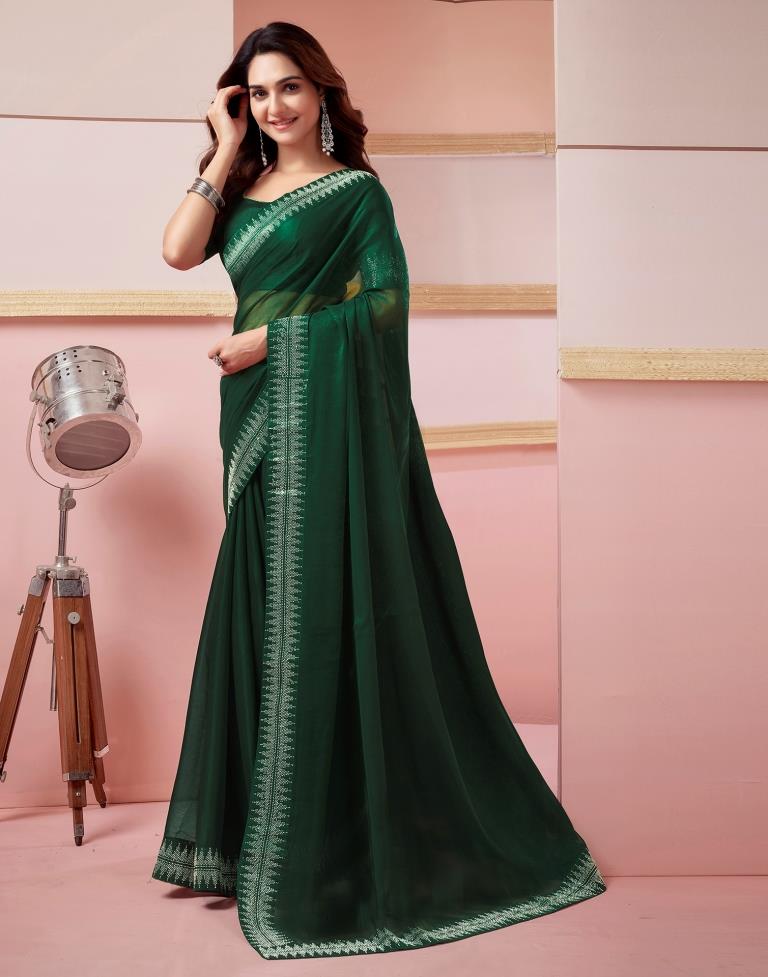 Dark Green Chiffon Plain Saree