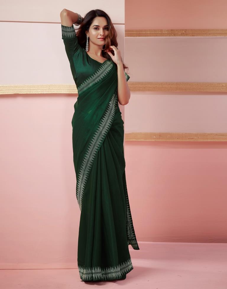 Dark Green Chiffon Plain Saree