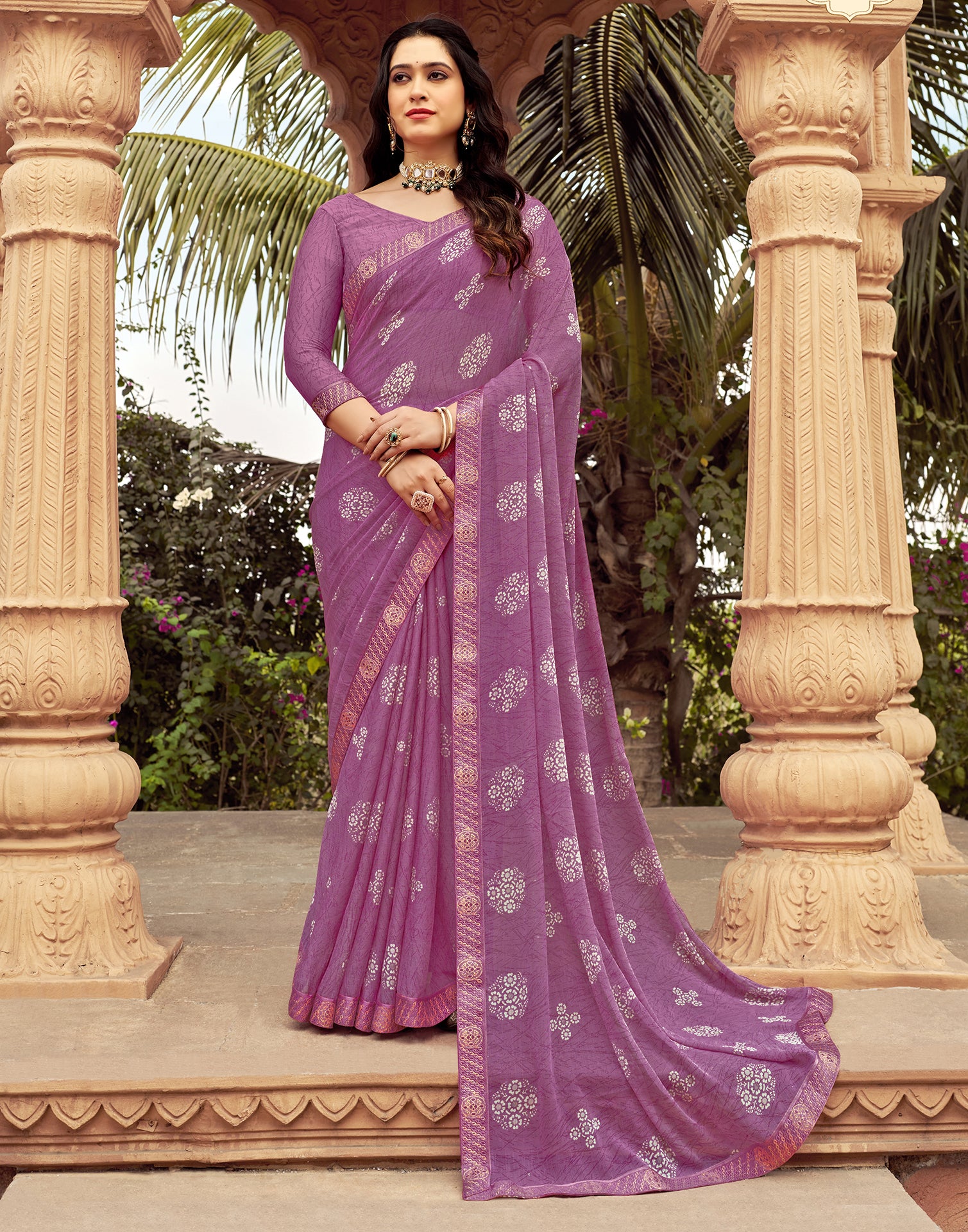 Light Magenta Chiffon Printed Saree