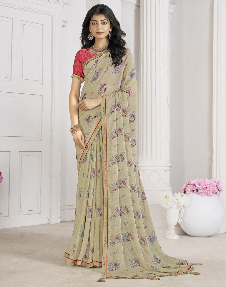 Dark Beige Chiffon Printed Saree