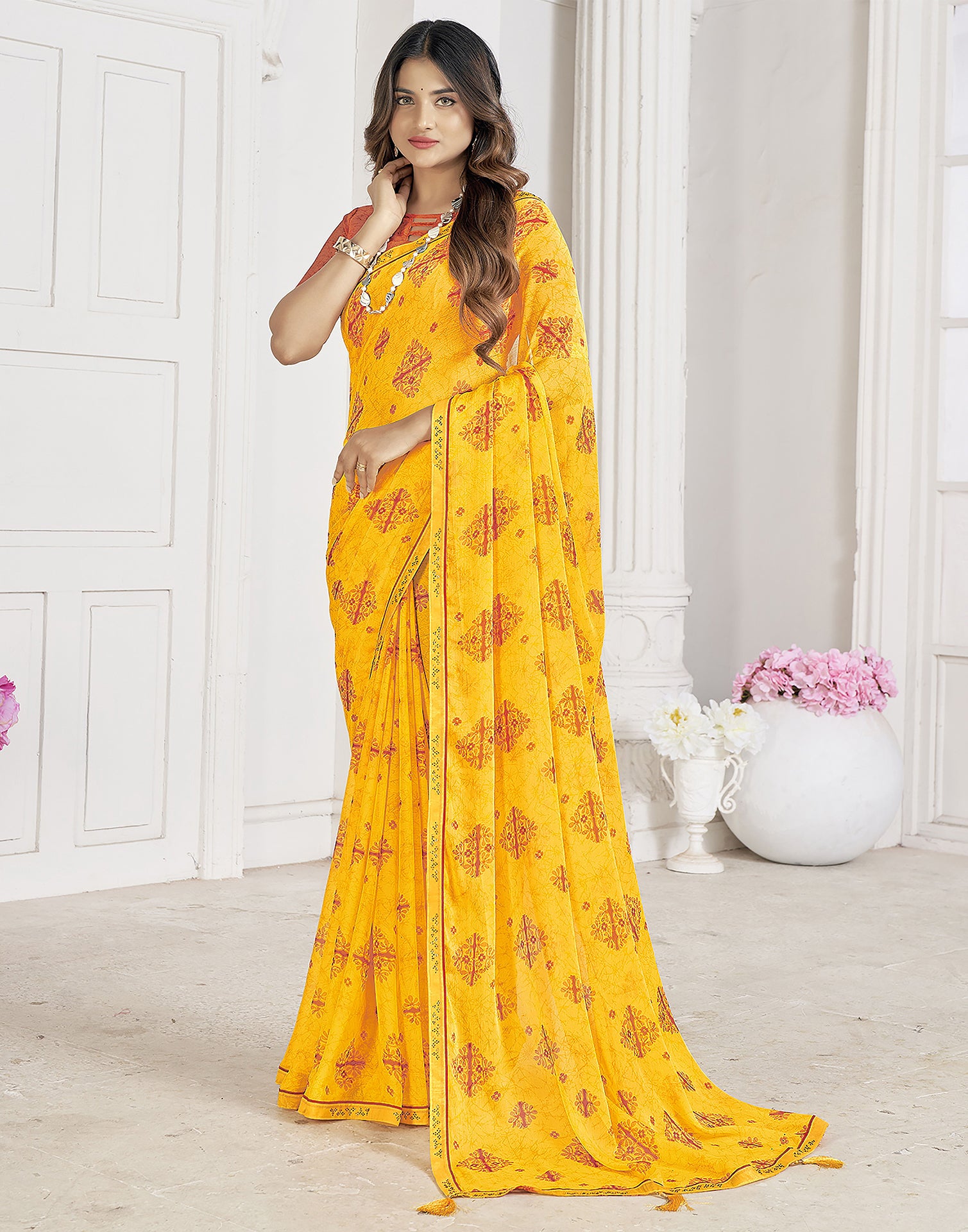 Yellow Chiffon Printed Saree