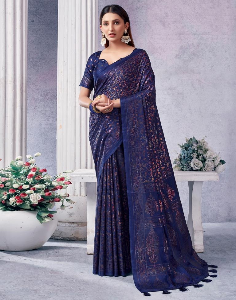 Dark Blue Silk Printed Saree