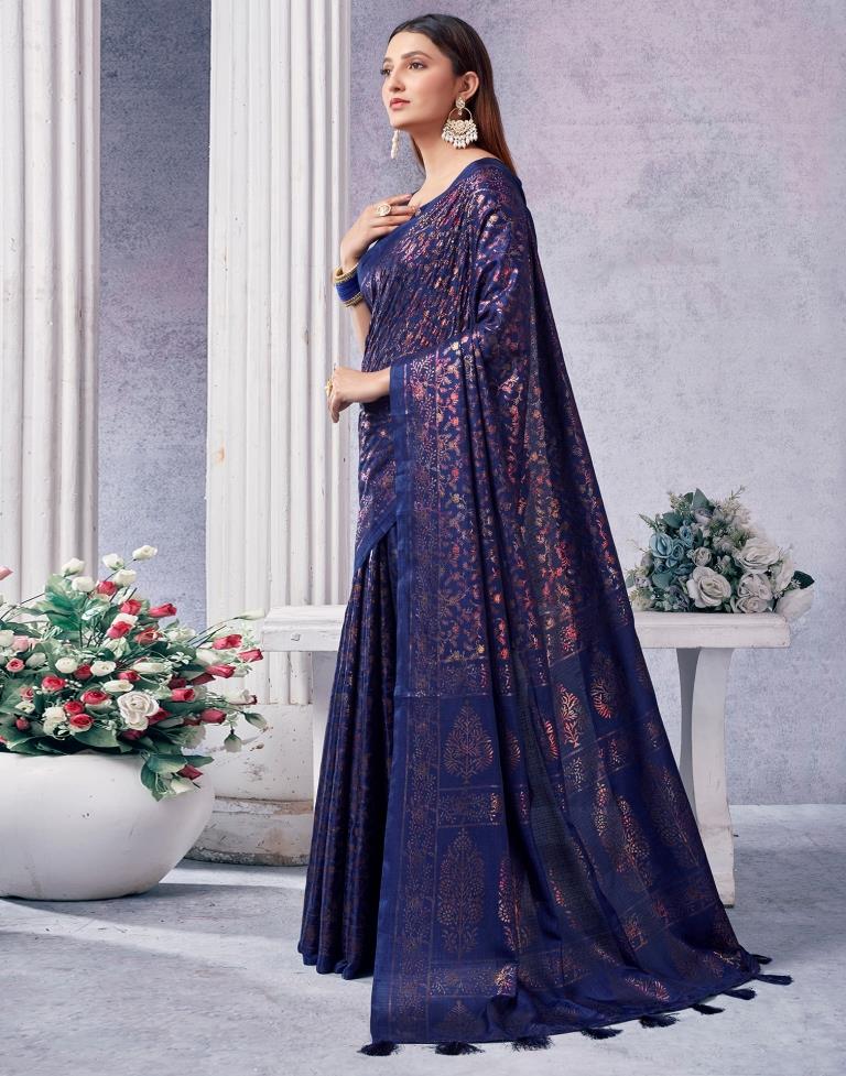 Dark Blue Silk Printed Saree