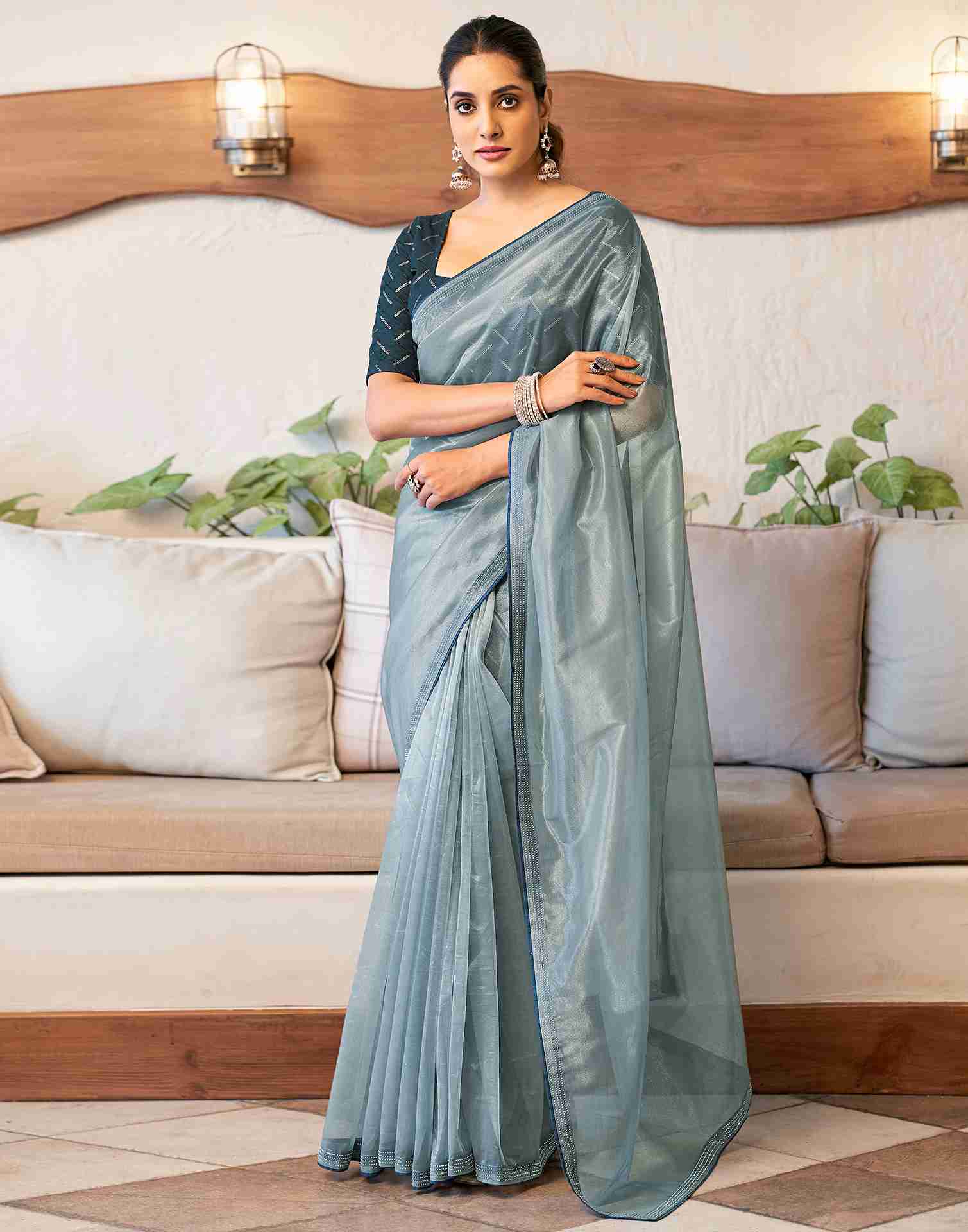 Grey Net Stone Work Plain Saree