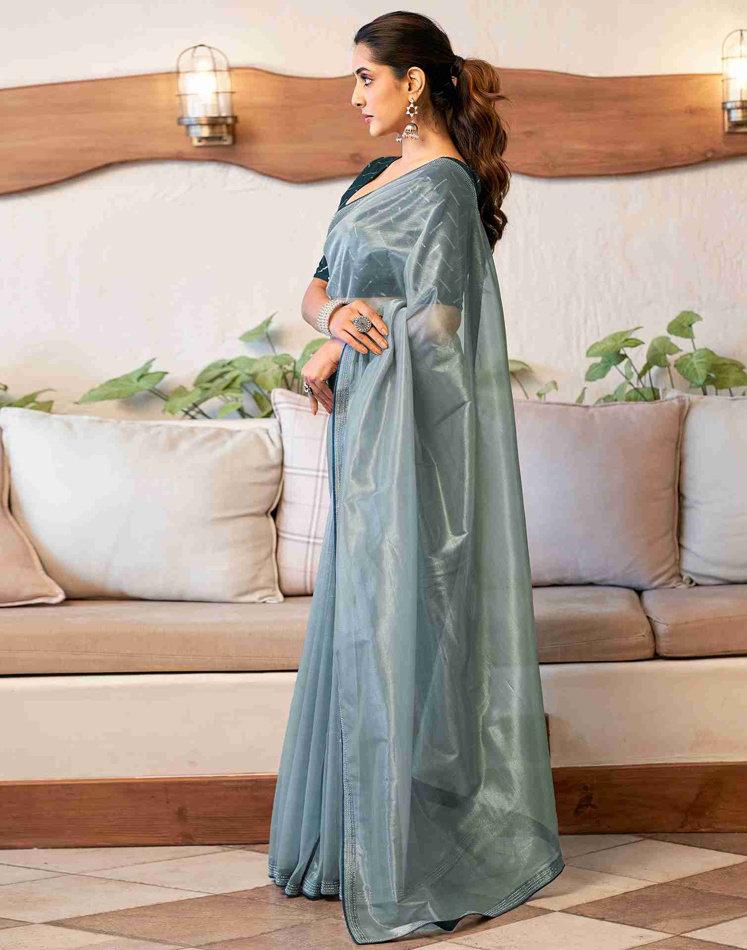 Grey Net Stone Work Plain Saree