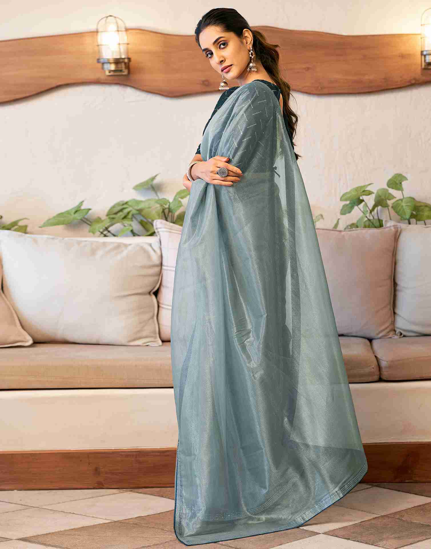 Grey Net Stone Work Plain Saree