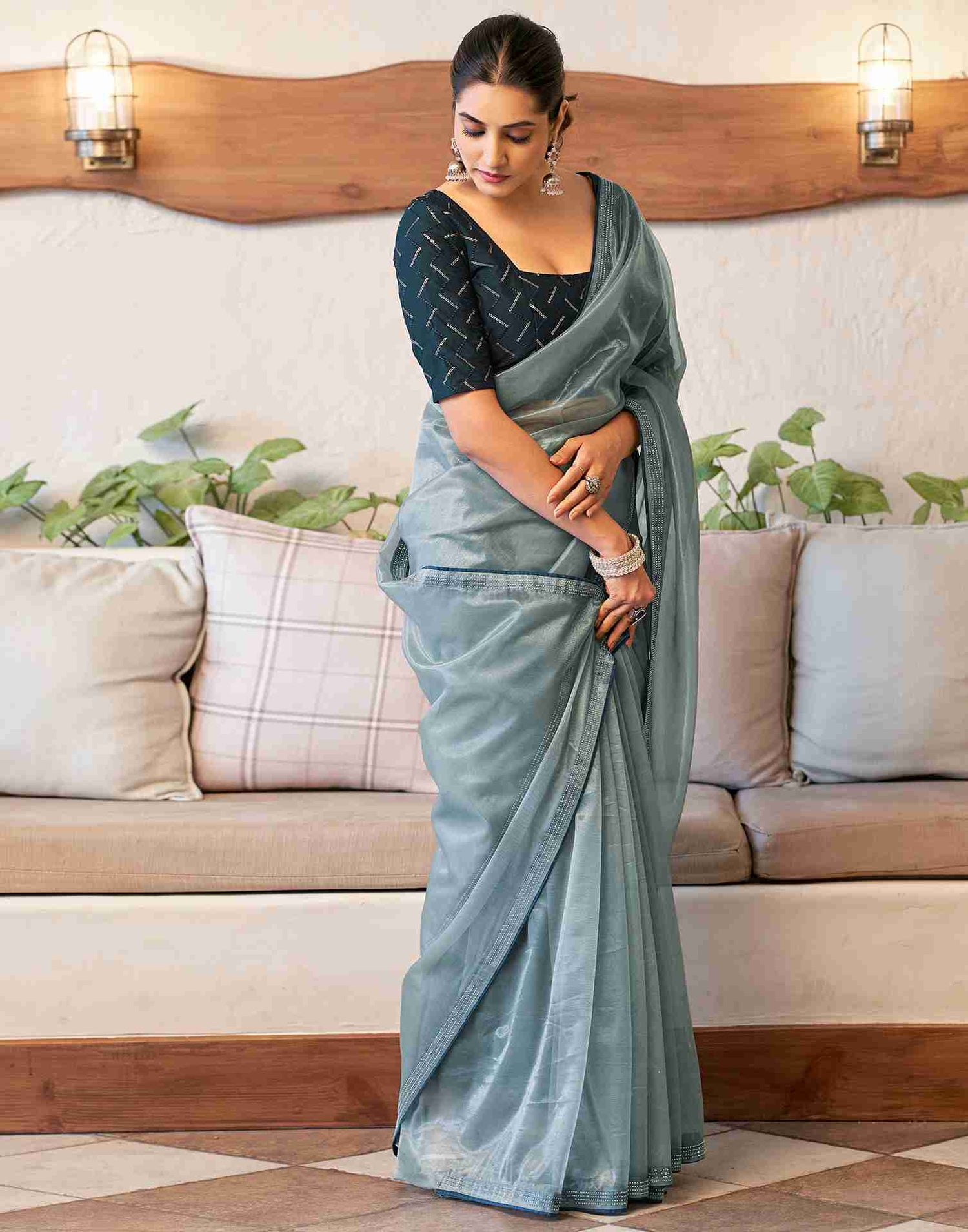 Grey Net Stone Work Plain Saree