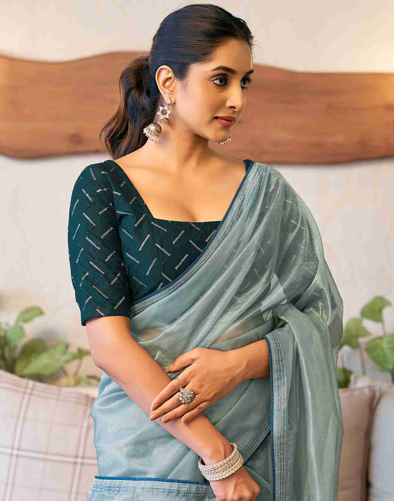 Grey Net Stone Work Plain Saree