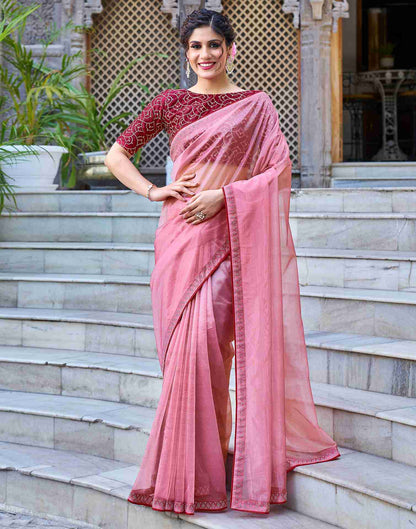 Rose Pink Net Stone Work Plain Saree