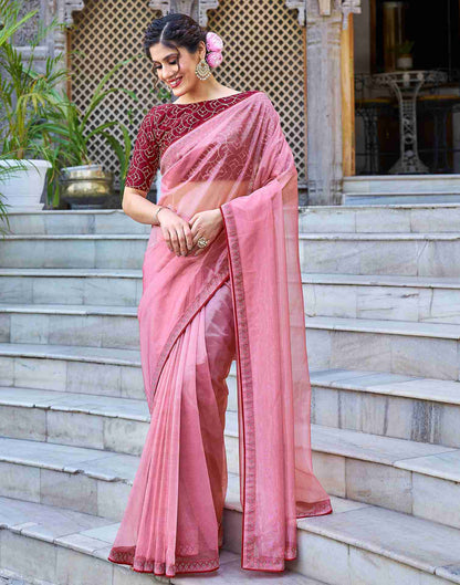 Rose Pink Net Stone Work Plain Saree