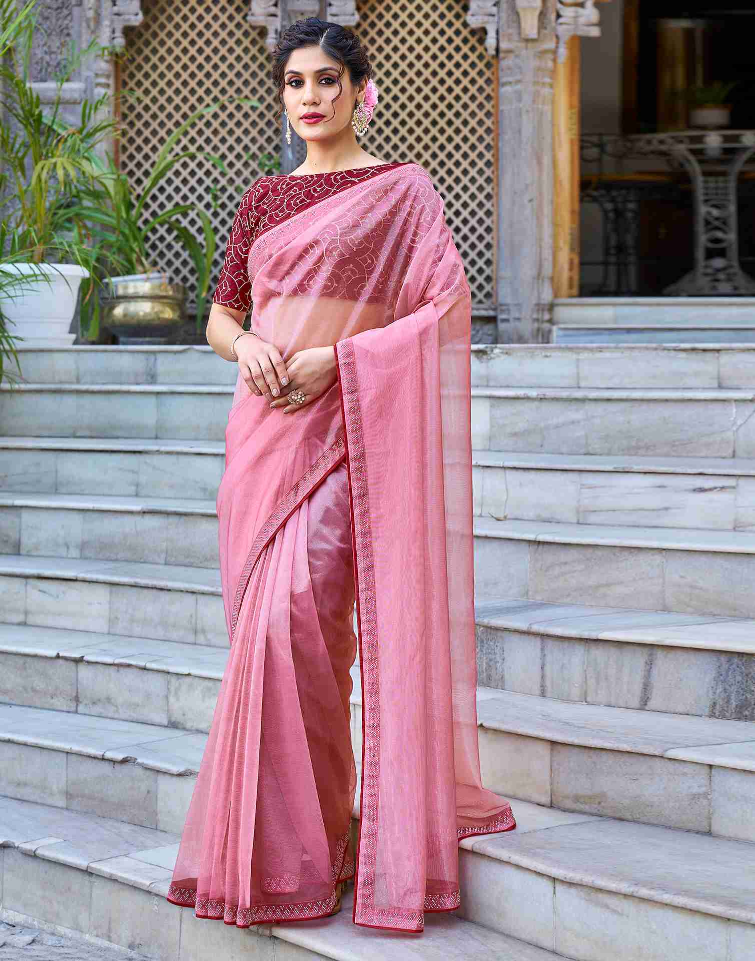 Rose Pink Net Stone Work Plain Saree