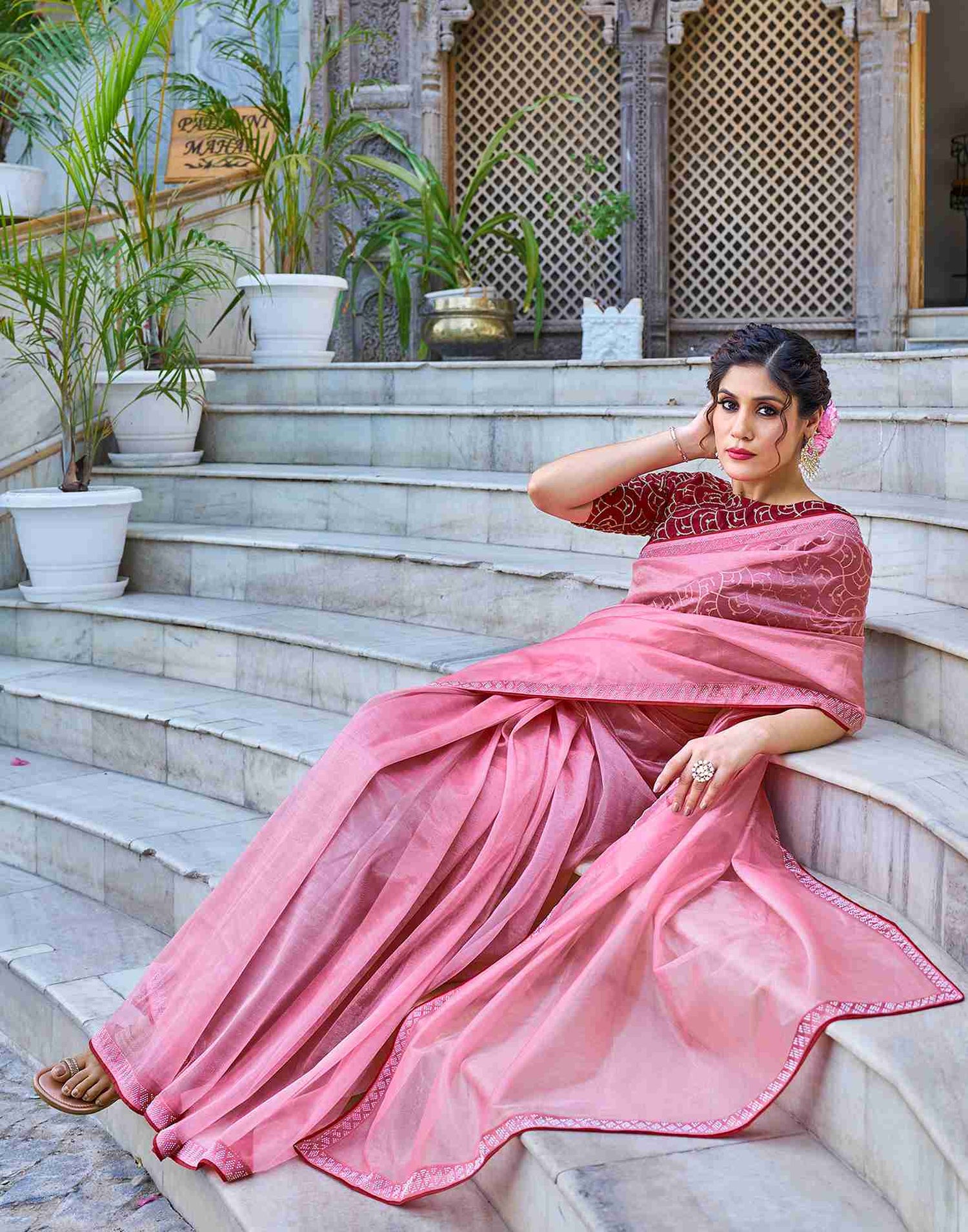 Rose Pink Net Stone Work Plain Saree