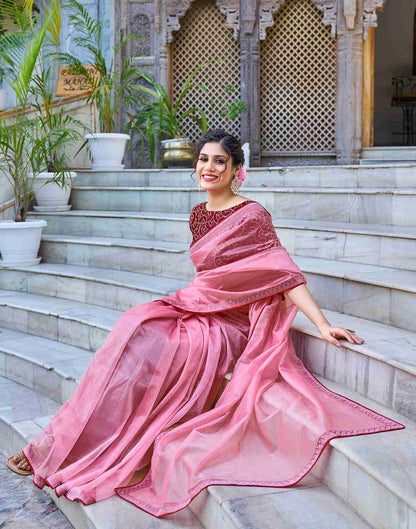 Rose Pink Net Stone Work Plain Saree