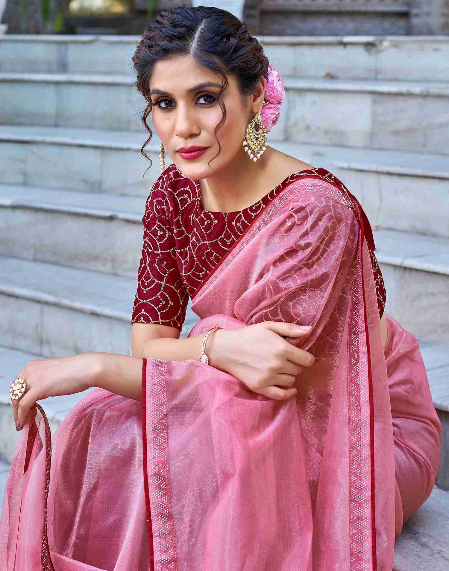 Rose Pink Net Stone Work Plain Saree