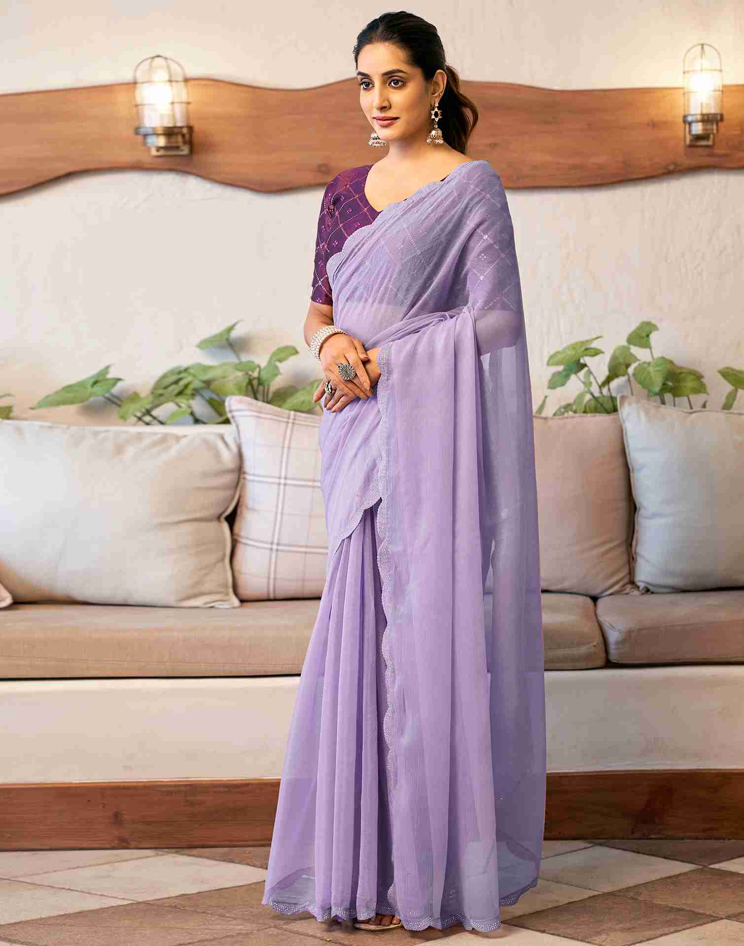 Lavender Chiffon Stone Work Plain Saree