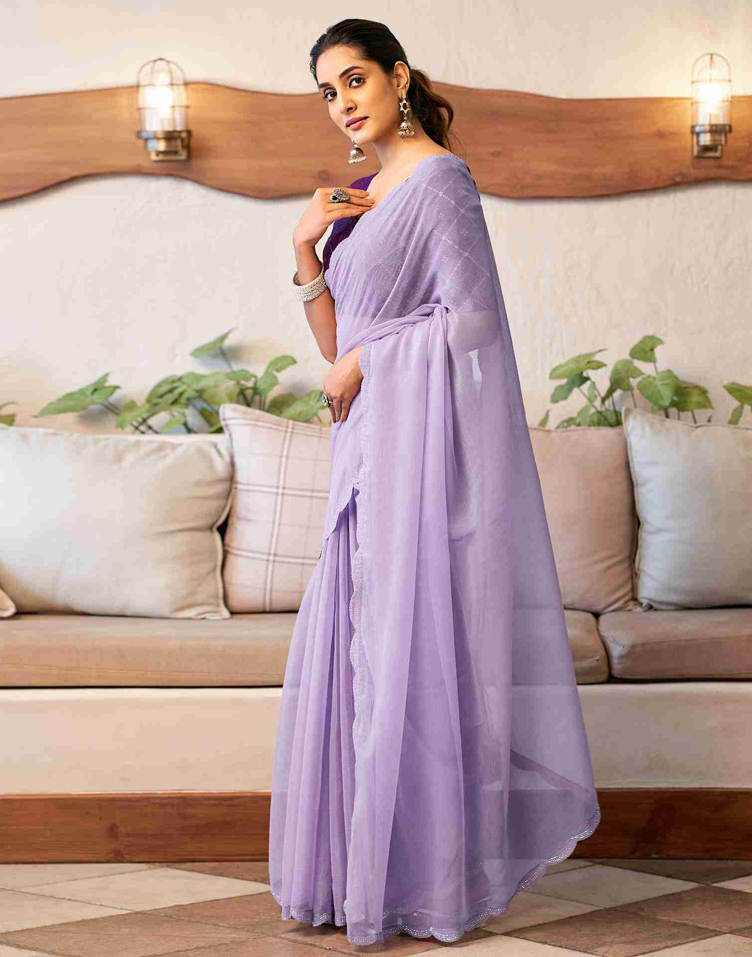 Lavender Chiffon Stone Work Plain Saree