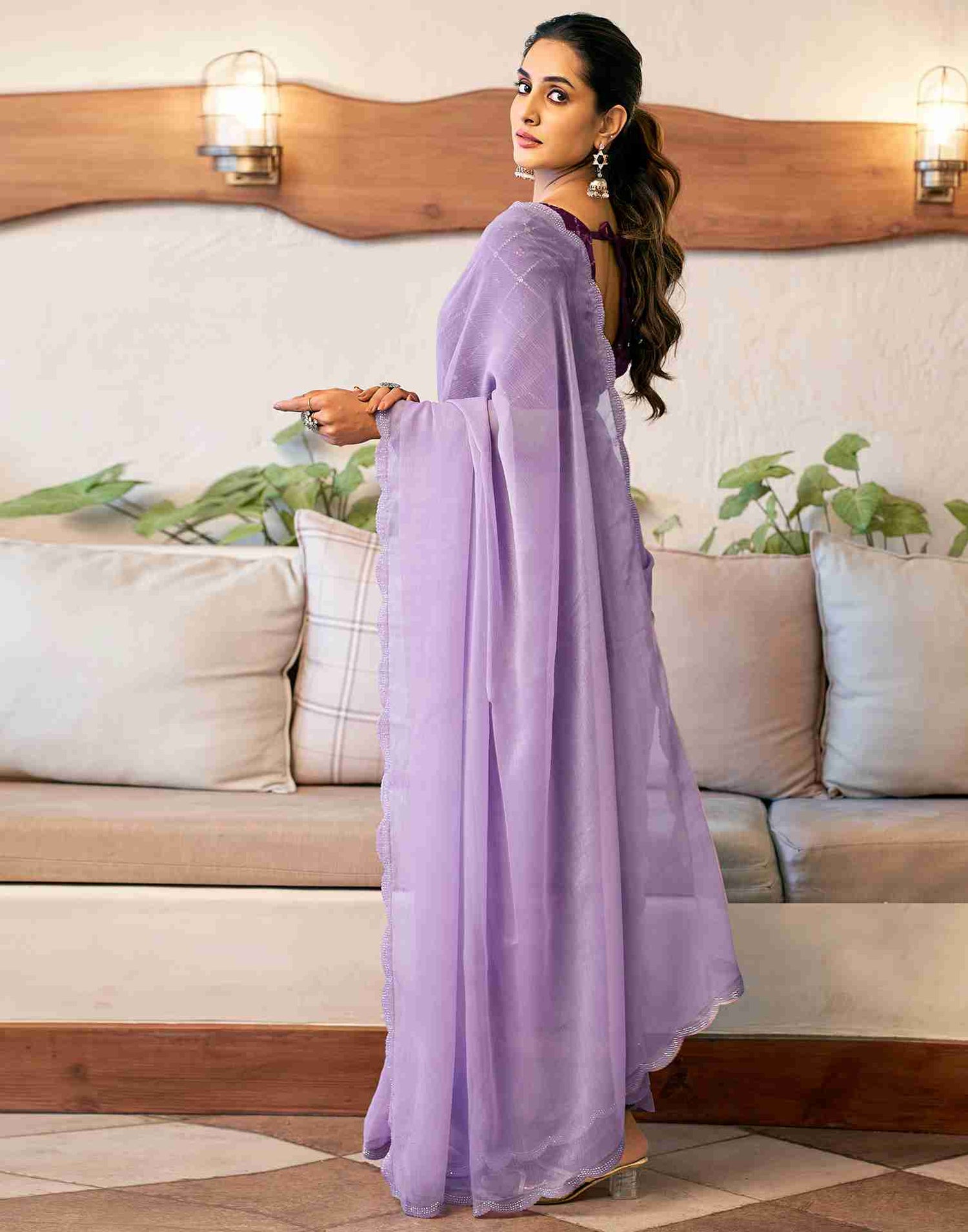 Lavender Chiffon Stone Work Plain Saree