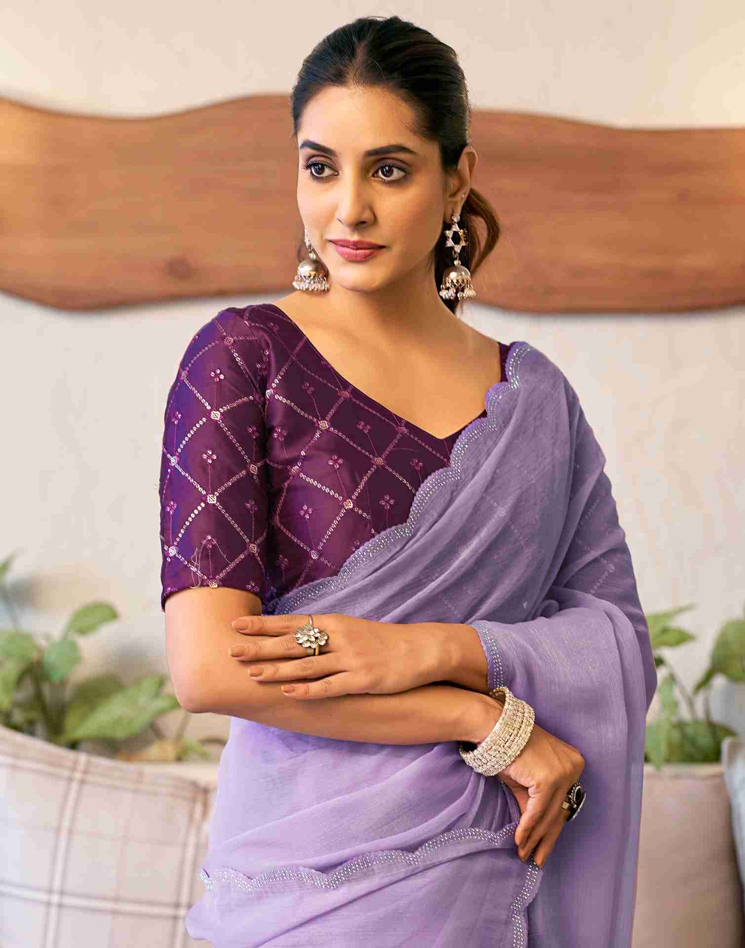 Lavender Chiffon Stone Work Plain Saree