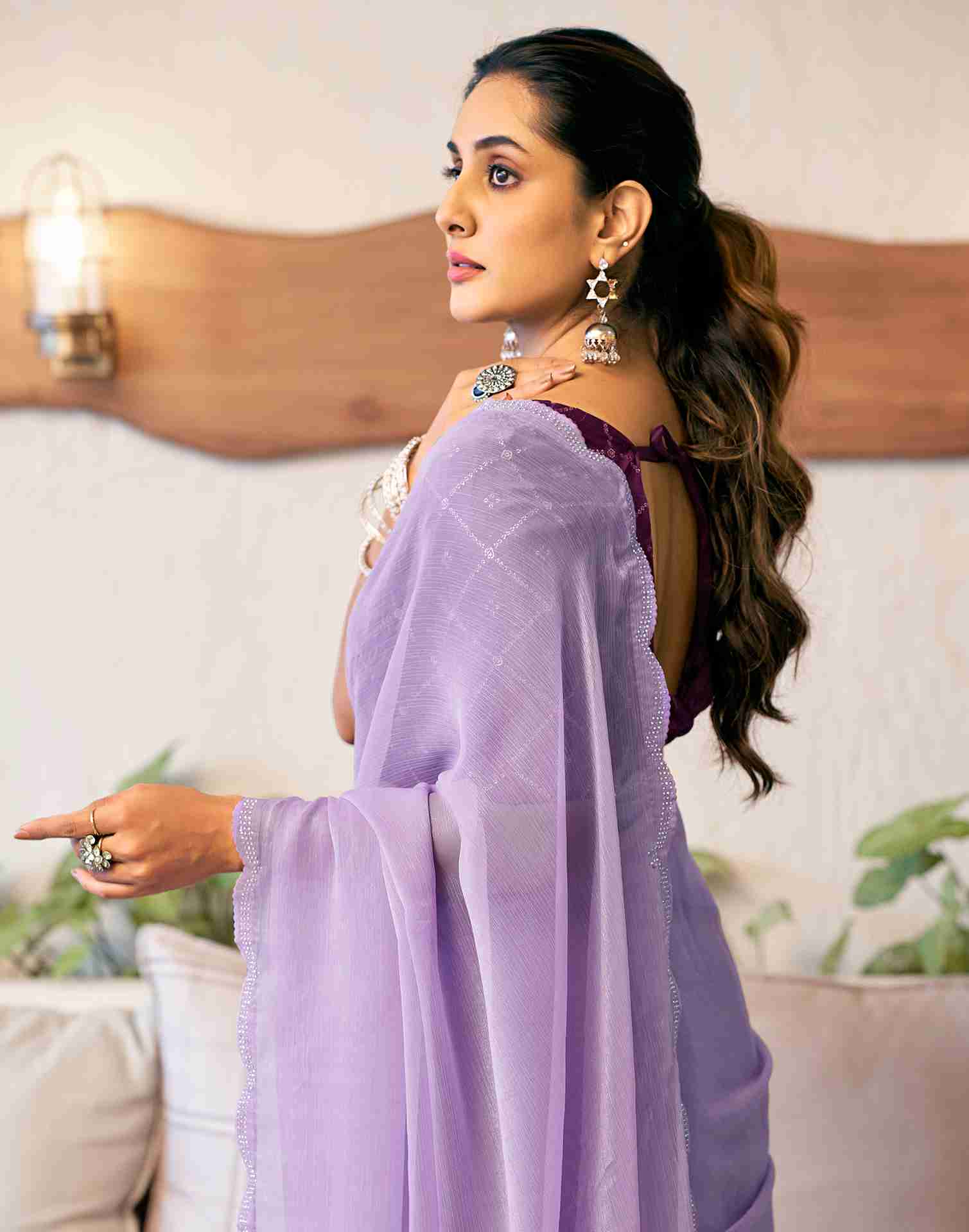 Lavender Chiffon Stone Work Plain Saree