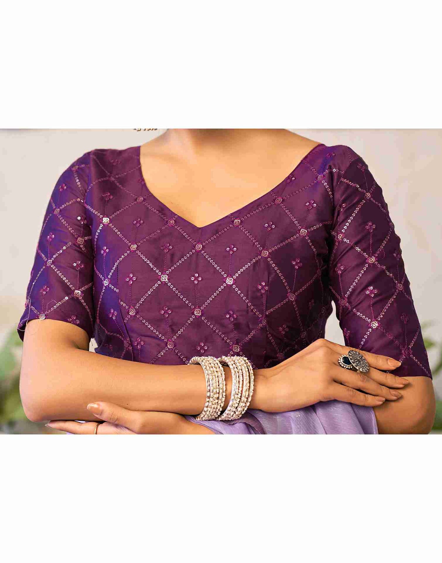 Lavender Chiffon Stone Work Plain Saree