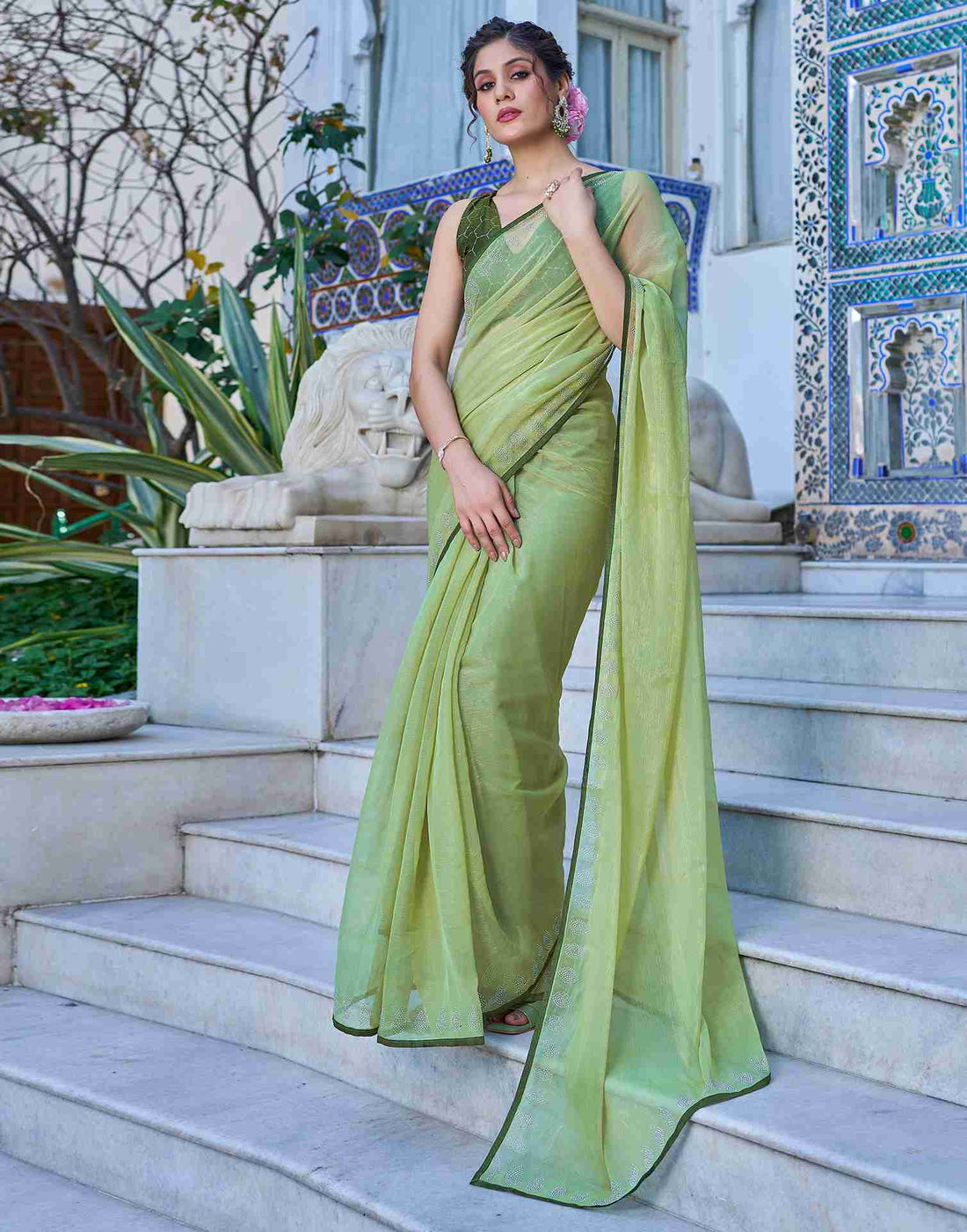 Pista Green Chiffon Stone Work Plain Saree