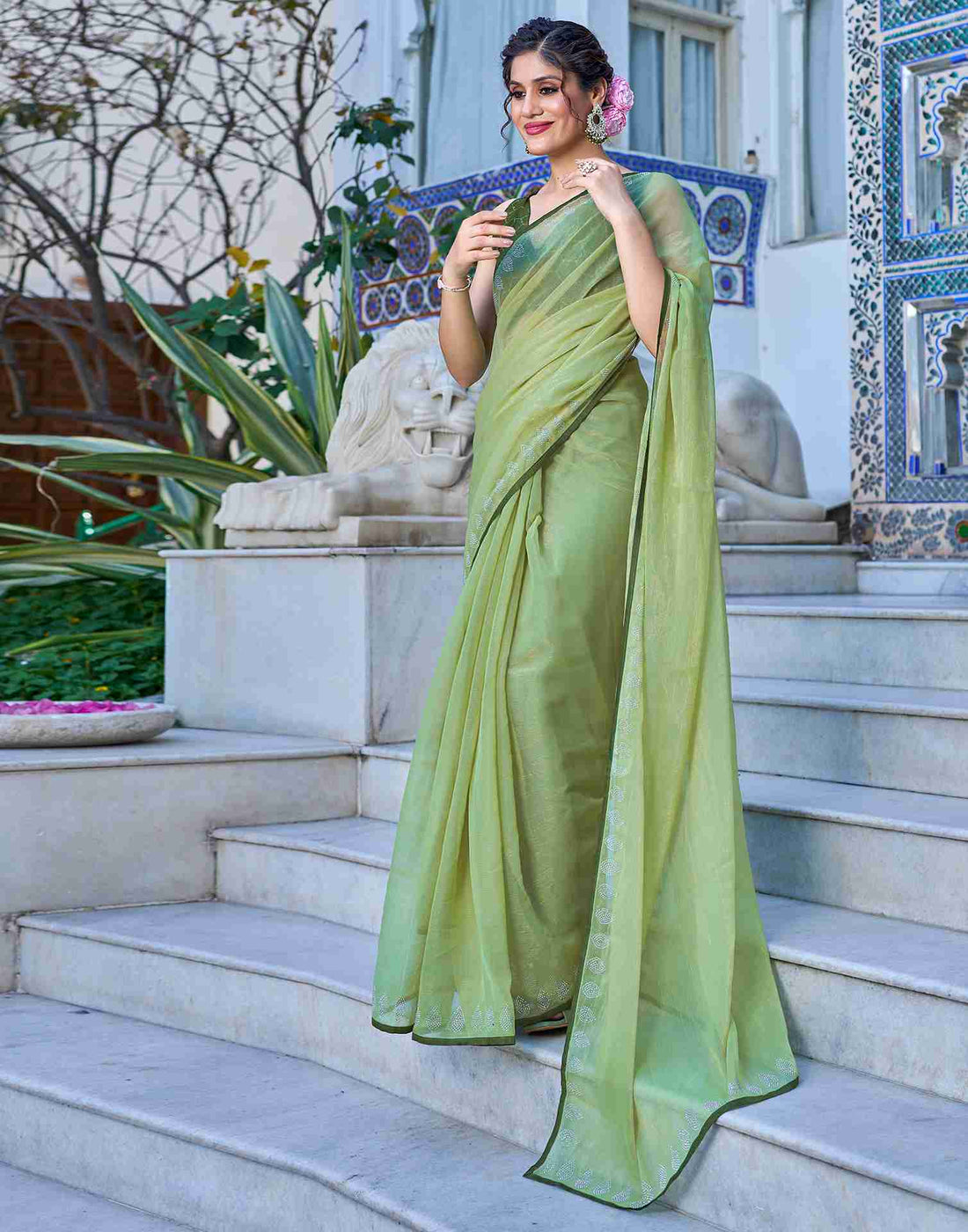 Pista Green Chiffon Stone Work Plain Saree